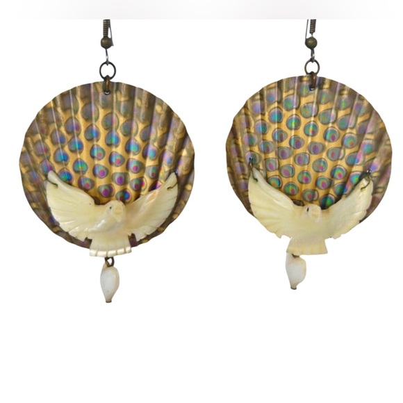 Vintage Artisan Carved Mother of Pearl Bird and Heart Shell Statement Earrings